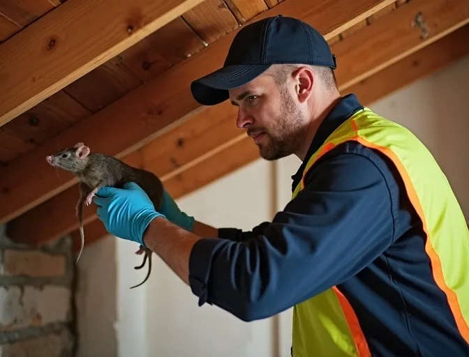 Technician inspecting a roof cavity for a dead rat in Braeside
